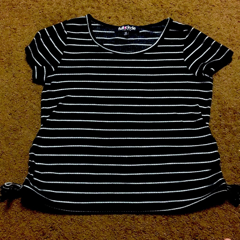 Top size 14 girls black top, white stripes, gathered & tied at each side EUC